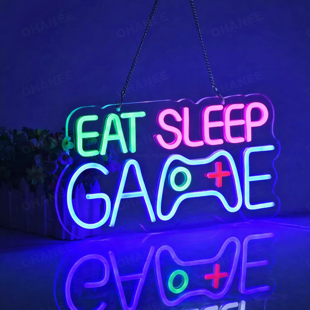 Eat Sleep Game LED Neon Sign with Controller Design for Gaming Room & Streamer Setup