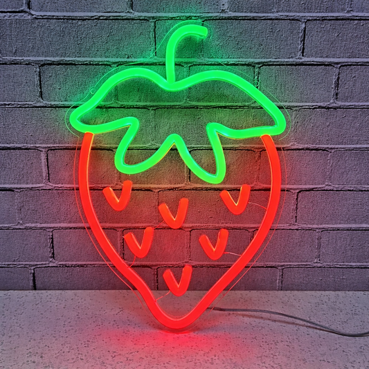 Strawberry LED Neon Sign Red Fruit Neon Light with Green Leaf for Bedroom Kitchen Wall Decor