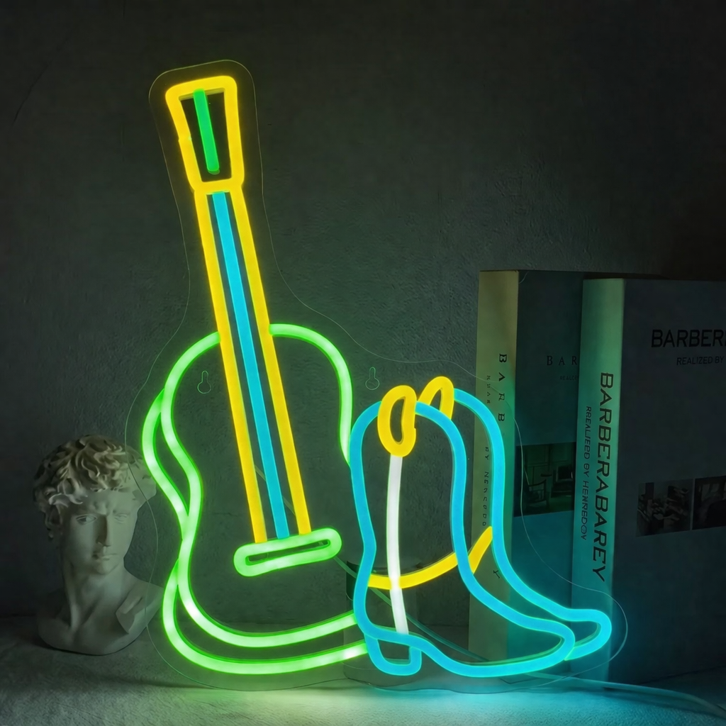 Guitar and Cowboy Boot LED Neon Sign Western Music Neon Light for Bar Room Decor