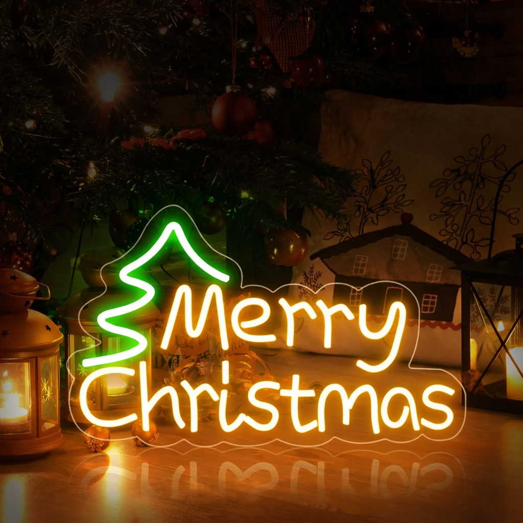LED Merry Christmas Neon Sign with Christmas Tree Accent