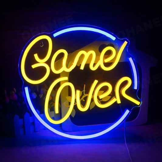 Game Over Neon Sign with Circle Frame for Gaming Room, Stream Setup & Arcade Decor