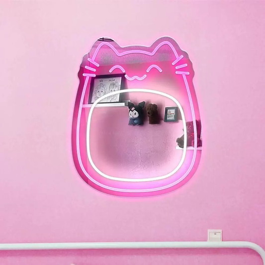 Cute Cat LED Neon Mirror Sign for Kids Bedroom Playroom Wall Decor