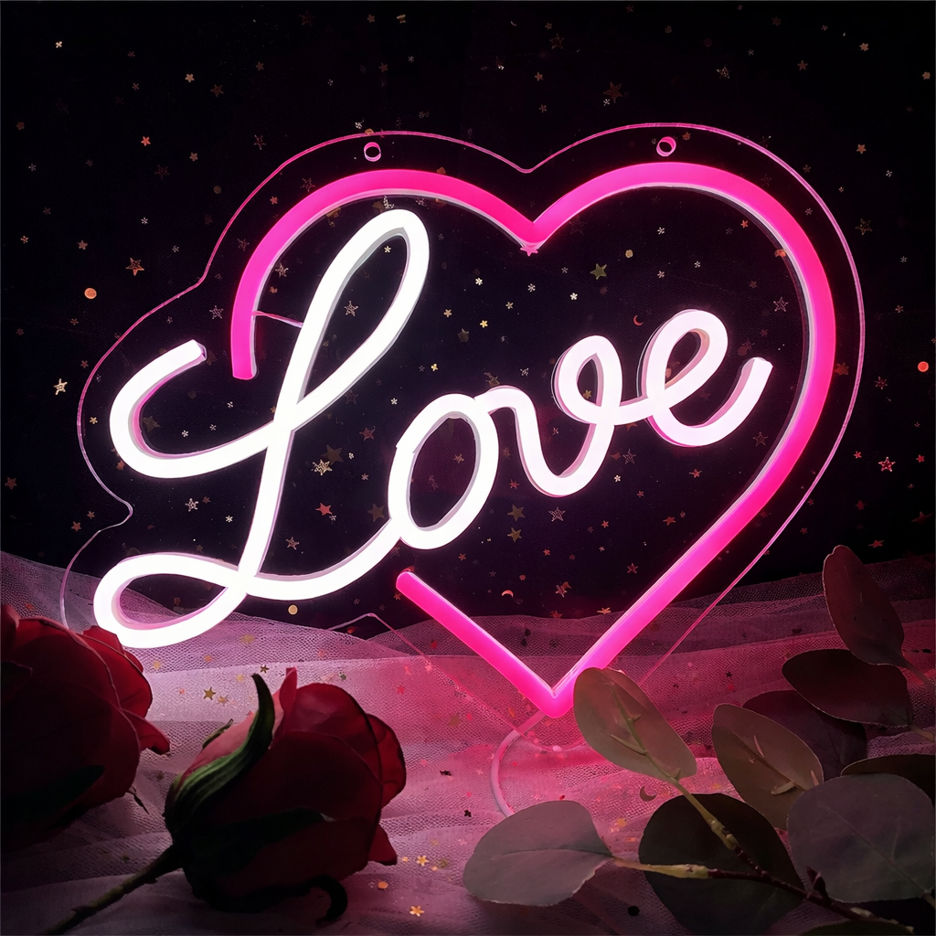 Romantic Heart Love LED Neon Sign for Bedroom Wall Decor Wedding & Valentine Light