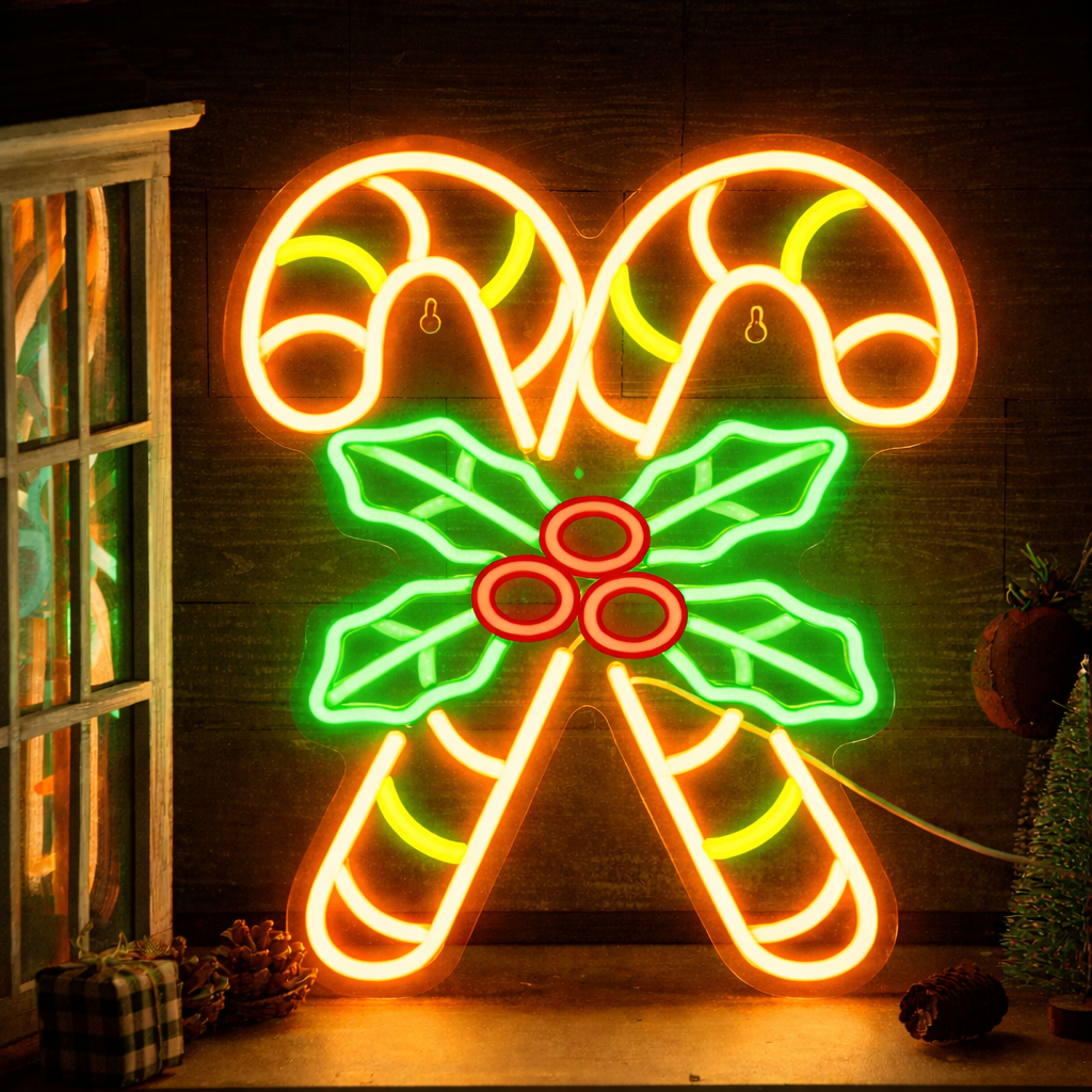 LED Candy Cane & Holly Neon Sign for Christmas Holiday Decoration