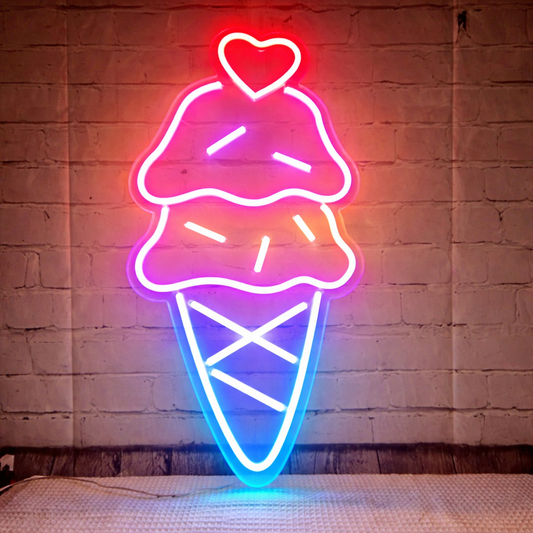 Ice Cream Cone LED Neon Sign with Heart Multi Color Dessert Neon Light for Cafe Shop Wall Decor