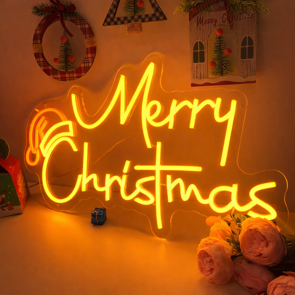 LED Merry Christmas Neon Sign with Santa Hat Accent