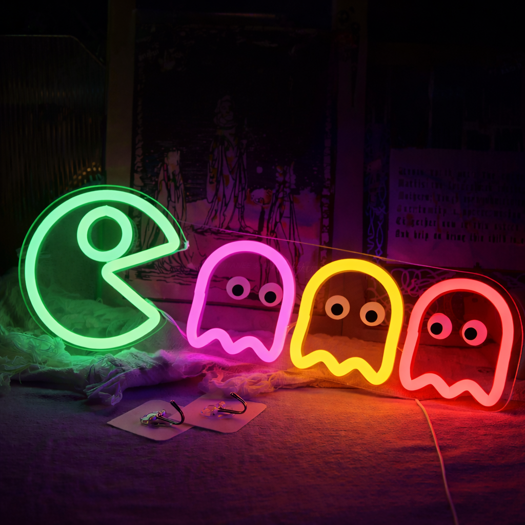 Retro Pac-Man Ghost LED Neon Sign for Game Room, Arcade Wall Decor & Gaming Setup