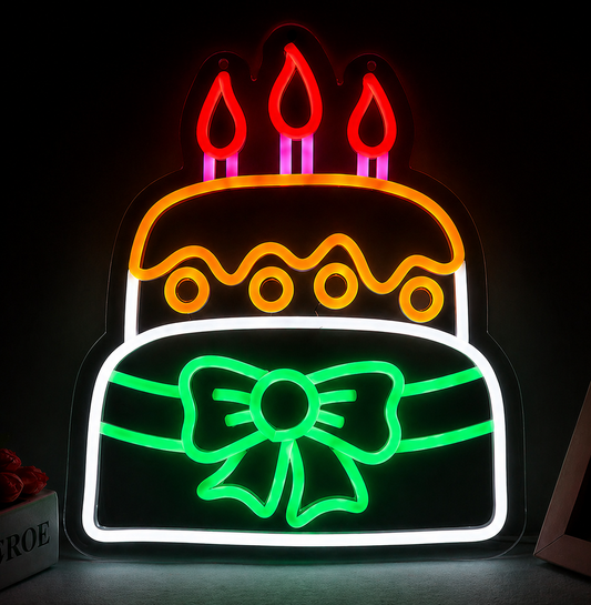 Birthday Cake LED Neon Sign with Bow Colorful Party Neon Light for Wall Decor