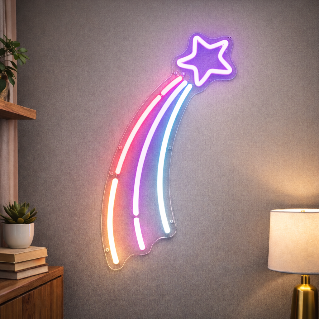 Rainbow Shooting Star LED Neon Sign for Kids Room, Bedroom & Dreamy Wall Decor
