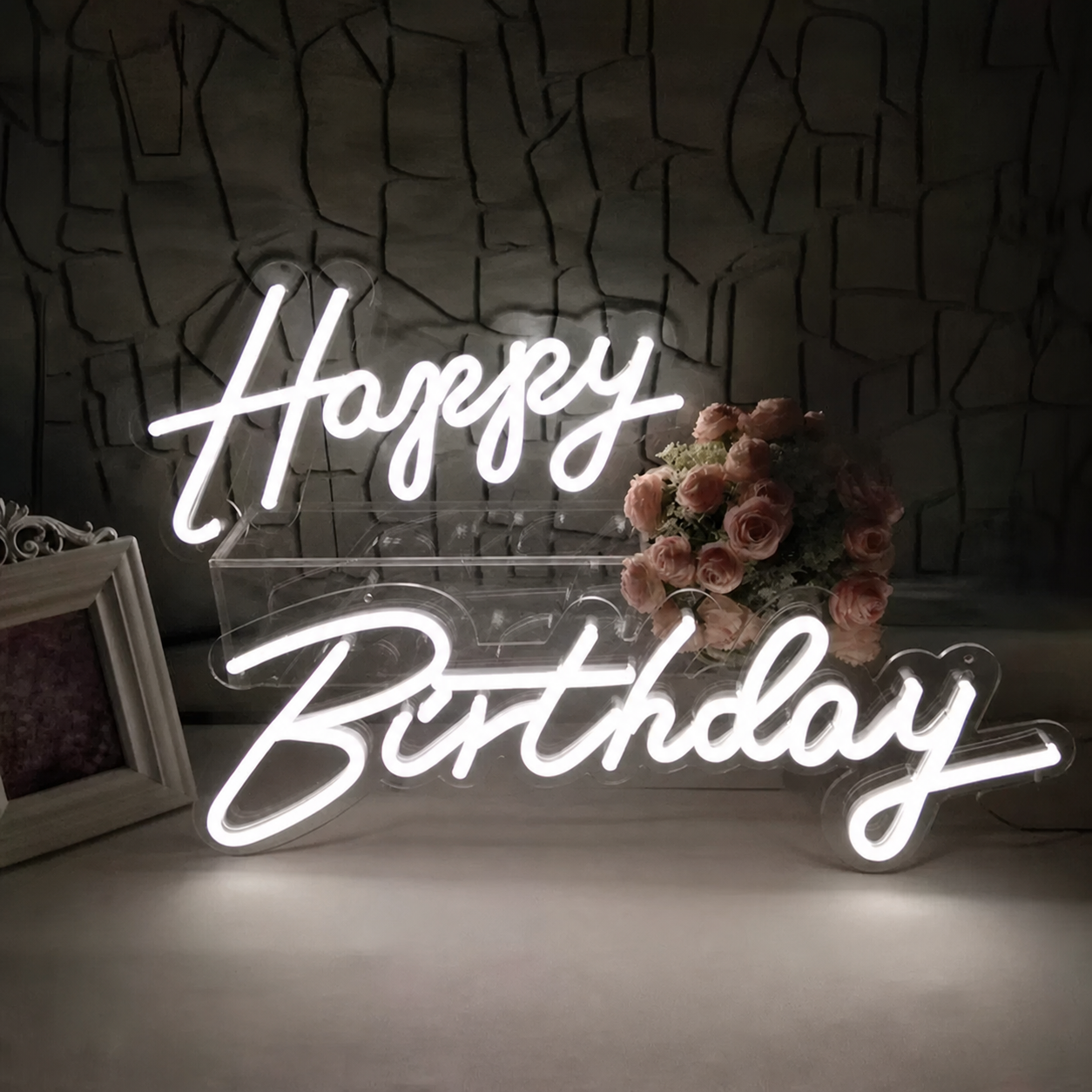 Happy Birthday LED Neon Sign White Script Neon Light Party Decoration for Birthday Event Backdrop Decor