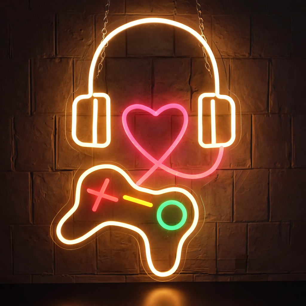 Headphone Heart Controller LED Neon Sign for Gaming Room, Music Setup & Bedroom Wall Decor