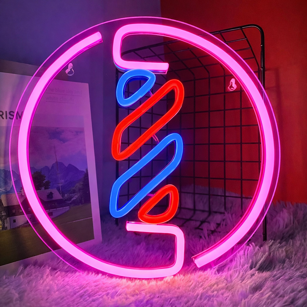 Round Barber Pole Neon Sign for Hair Salon Shop Wall Decor