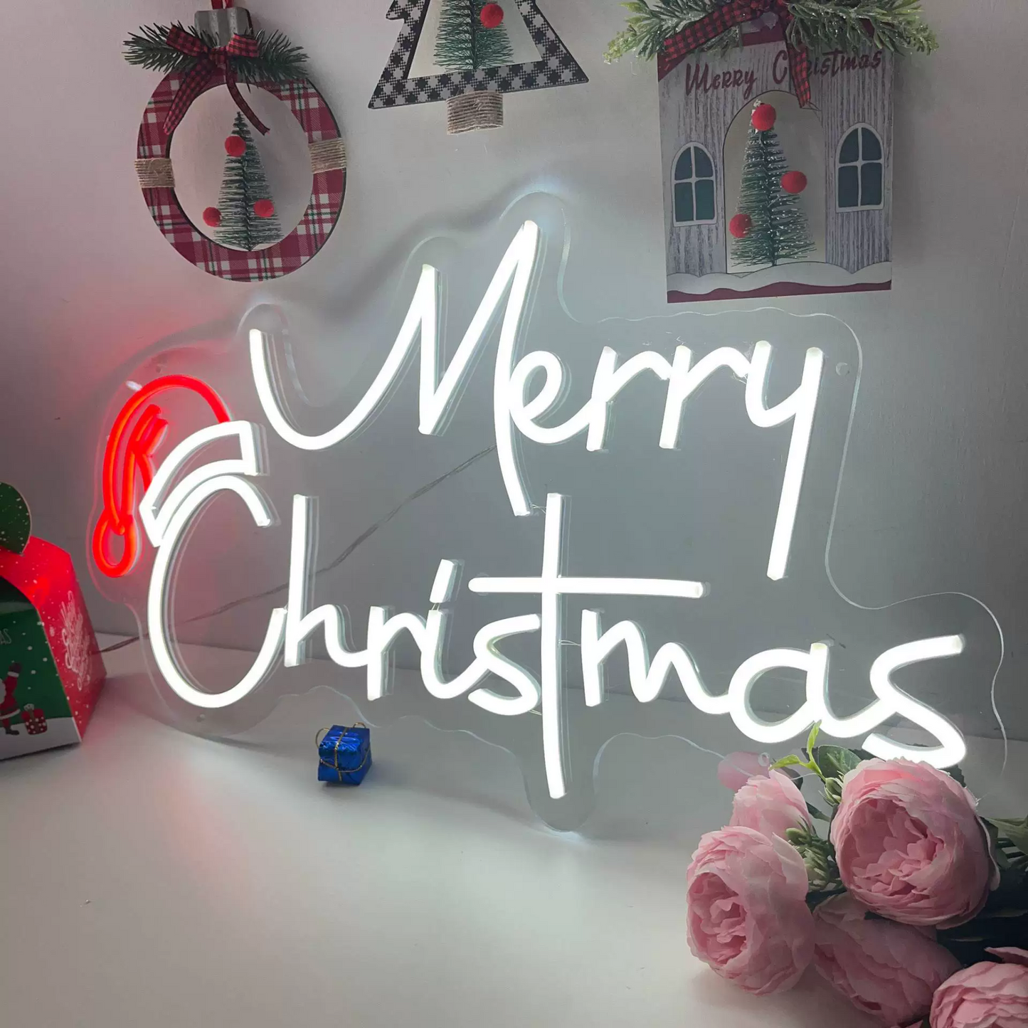 LED Merry Christmas Neon Sign with Santa Hat Accent