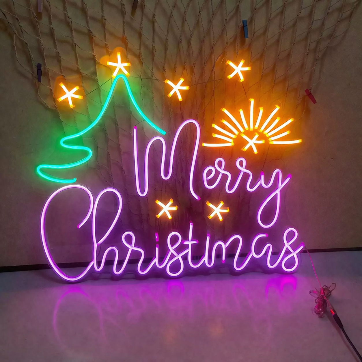 LED Merry Christmas Neon Sign with Tree and Snowflakes
