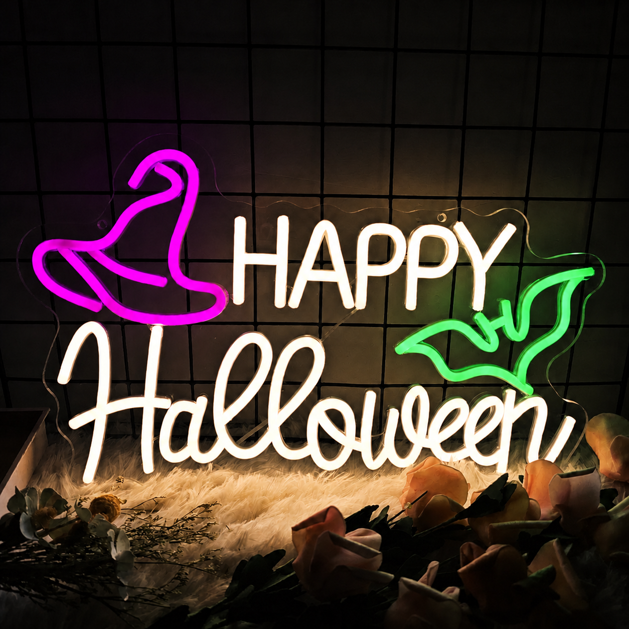 Happy Halloween LED Neon Sign Witch Hat Bat Neon Light Wall Decor for Party Bar Room Halloween Decor