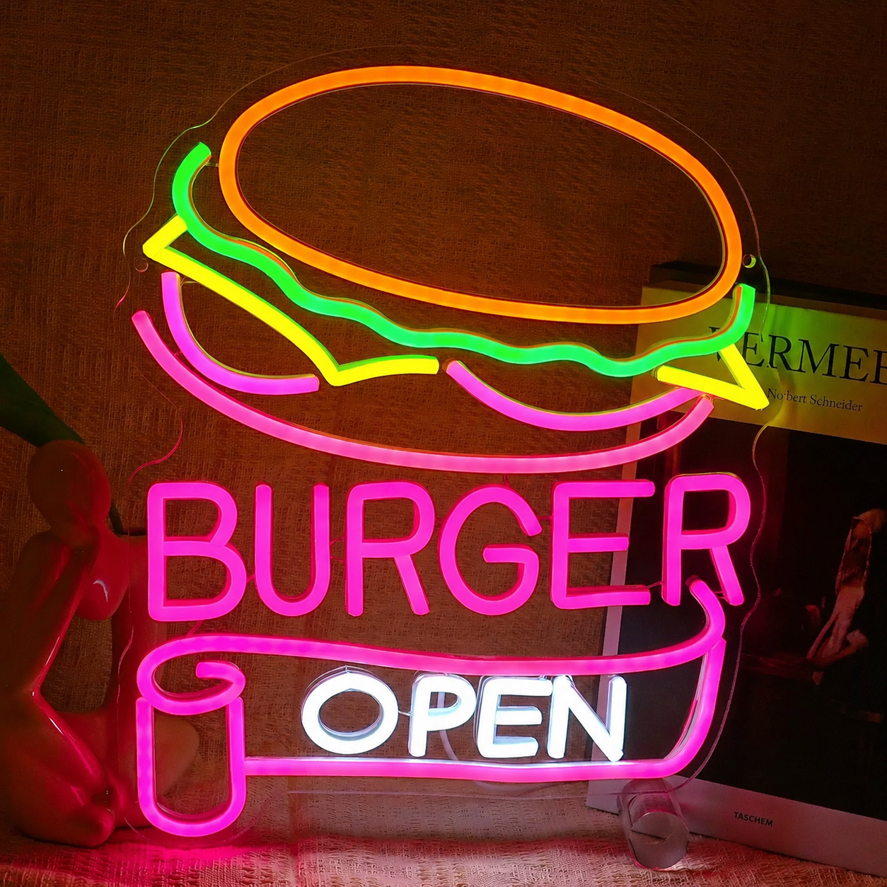Burger Open LED Neon Sign Hamburger Neon Light Wall Decor for Restaurant Cafe Bar Shop