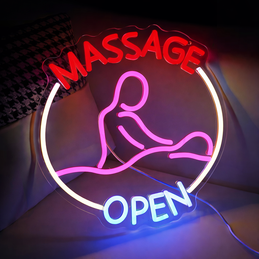 Massage Open LED Neon Sign with Therapist Design for Spa Salon Shop Decor