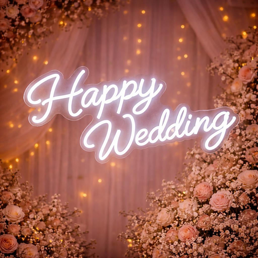 Happy Wedding Script LED Neon Sign Romantic Warm White Neon Light for Wedding Reception Backdrop Decor