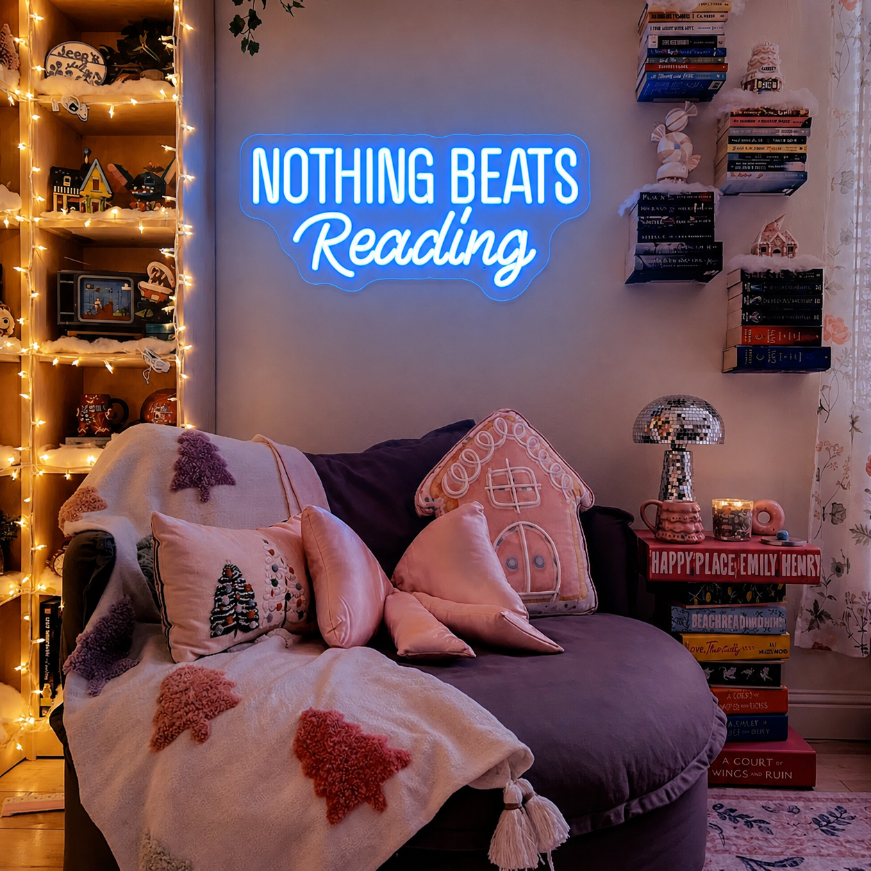 Nothing Beats Reading LED Neon Sign Pink Wall Light for Bedroom Reading Nook Book Lover Decor