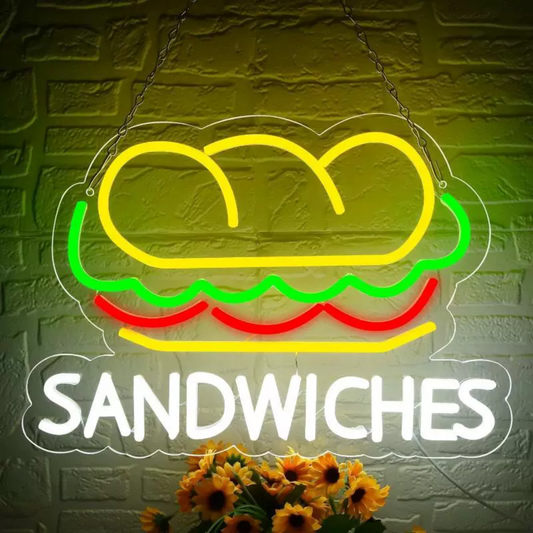 Sandwich LED Neon Sign Burger Style Neon Light Wall Decor for Cafe Deli Restaurant Kitchen