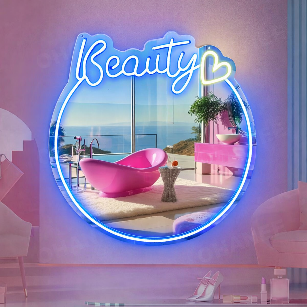 Personalized Beauty LED Neon Mirror Sign for Vanity & Salon Spaces