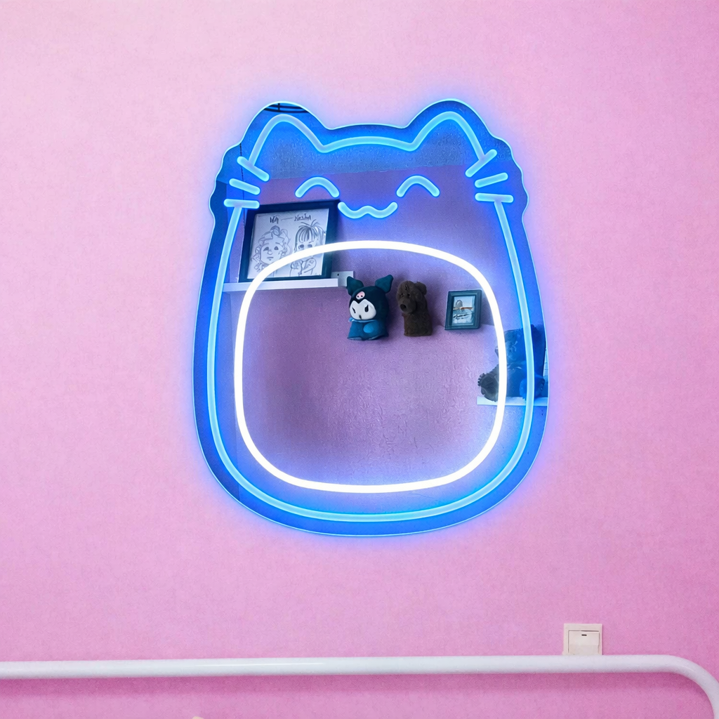 Cute Cat LED Neon Mirror Sign for Kids Bedroom Playroom Wall Decor