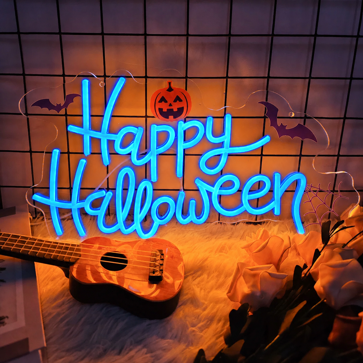 Happy Halloween LED Neon Sign Pumpkin Bat Neon Light Wall Decor for Party Room Bar Halloween Decoration