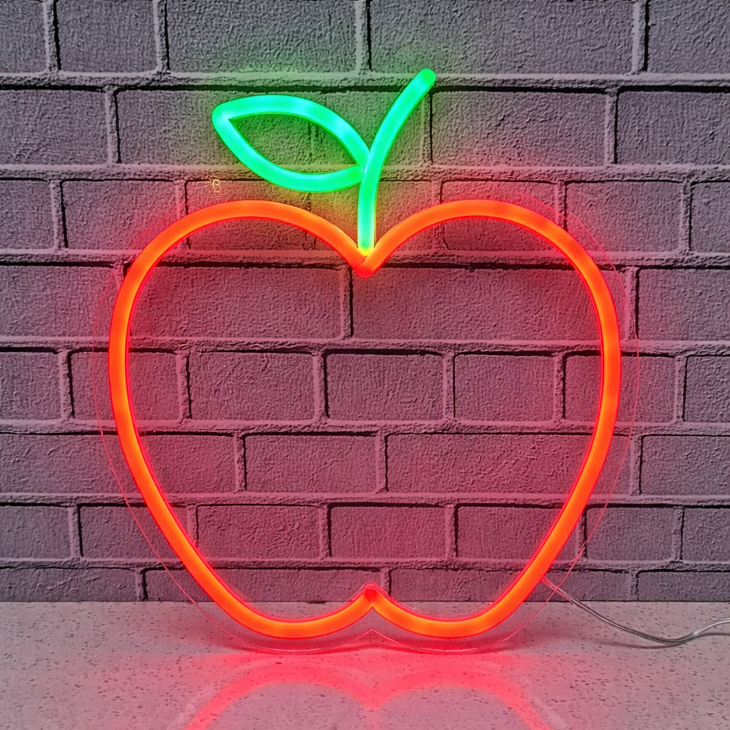 Apple LED Neon Sign Red Fruit Neon Light with Green Leaf for Kitchen Bar Wall Decor