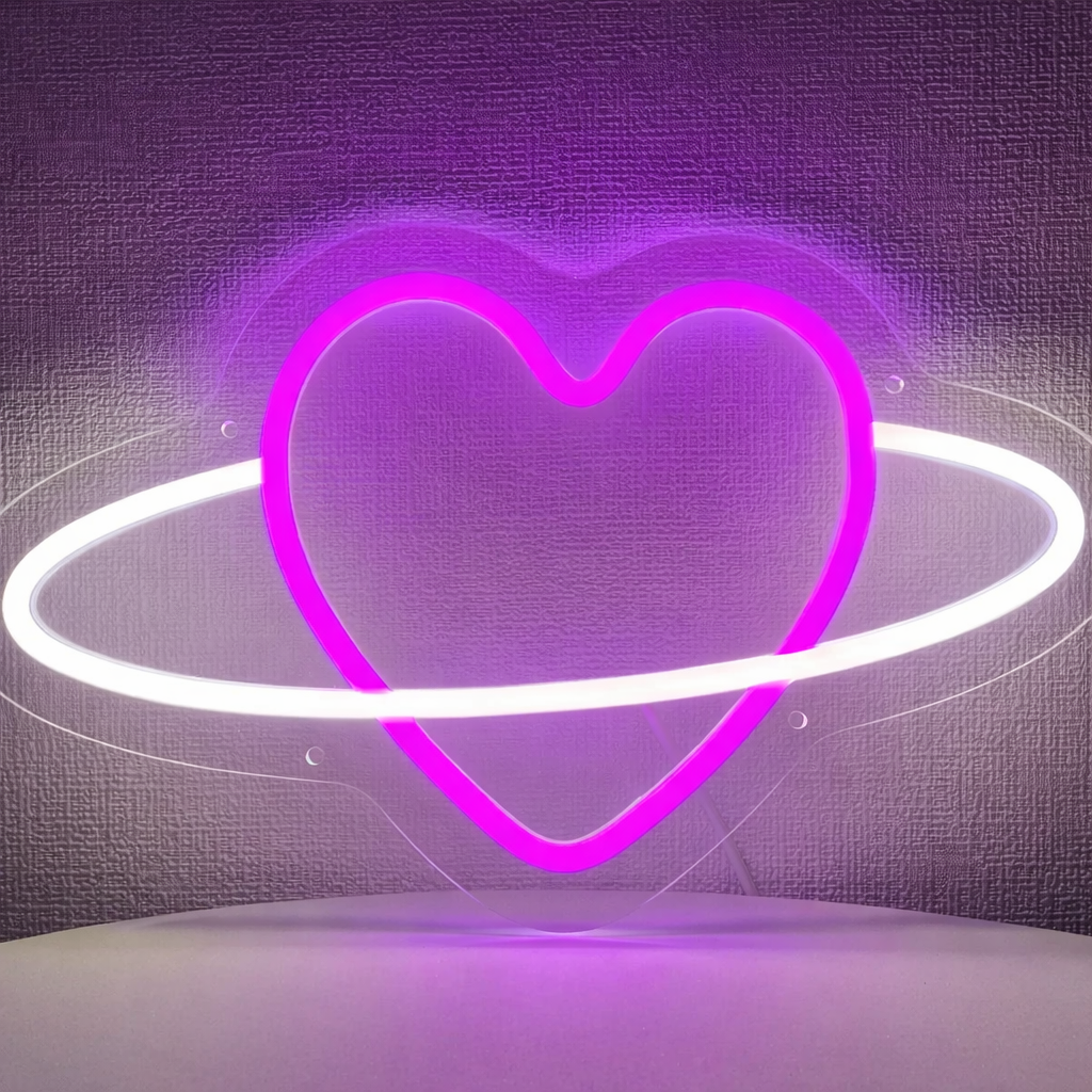 Pink Heart Saturn LED Neon Sign Aesthetic Planet Love Light for Bedroom Decor