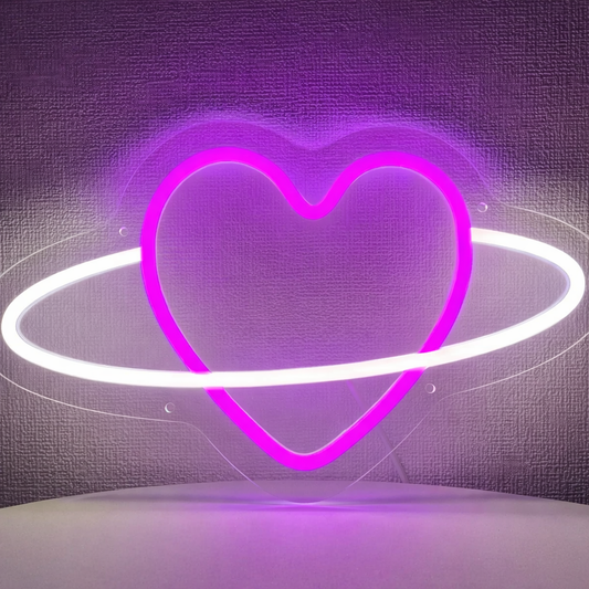 Pink Heart Saturn LED Neon Sign Aesthetic Planet Love Light for Bedroom Decor