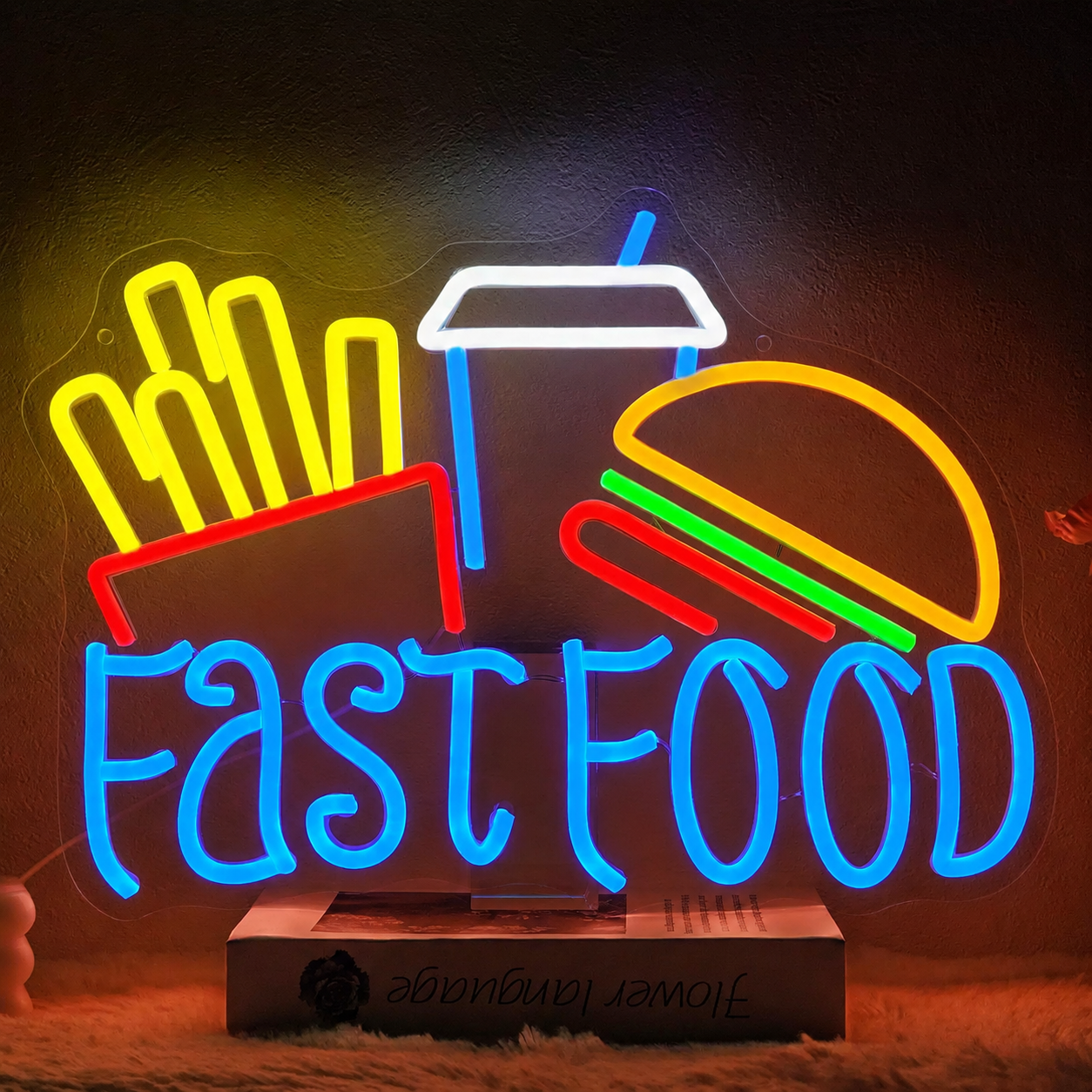 Fast Food LED Neon Sign Burger Fries Drink Neon Light Wall Decor for Restaurant Cafe Kitchen Bar