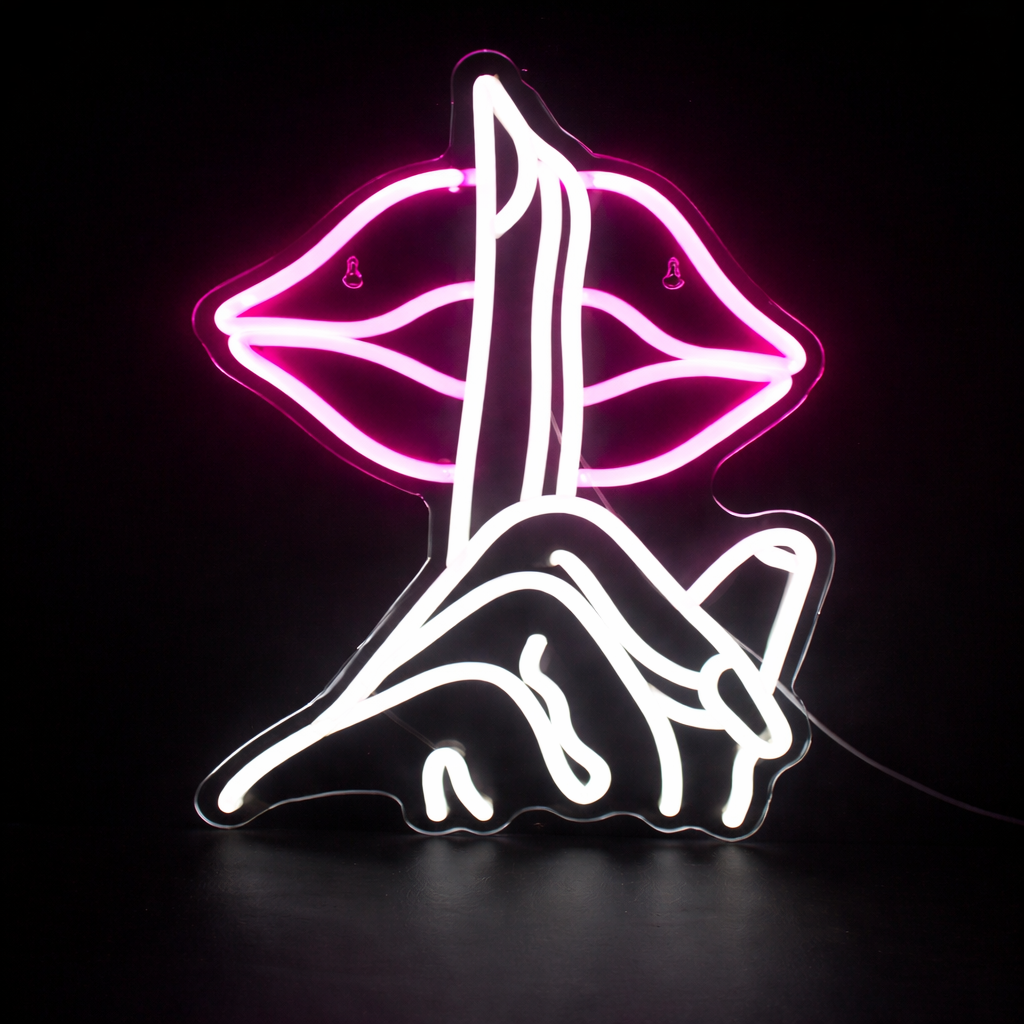 Abstract Lips Hand Gesture LED Neon Sign Pink Artistic Wall Light for Room Decor