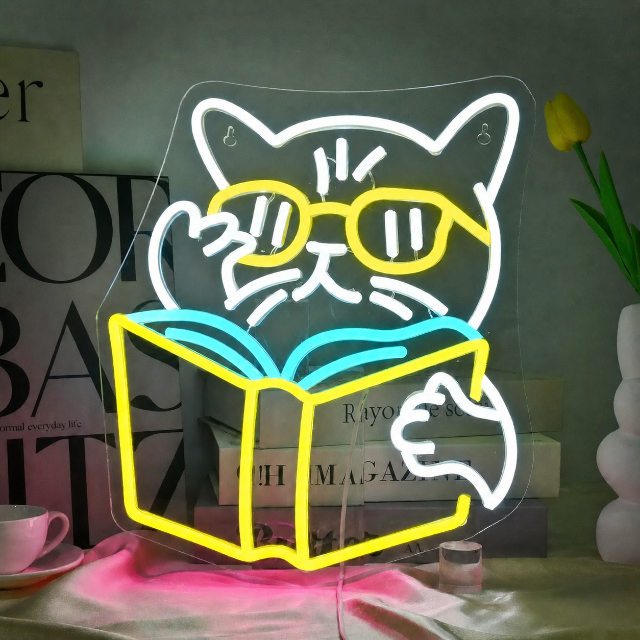 Cat Reading Book LED Neon Sign with Glasses Cute Cartoon Neon Light Wall Decor for Bedroom Study Room Library