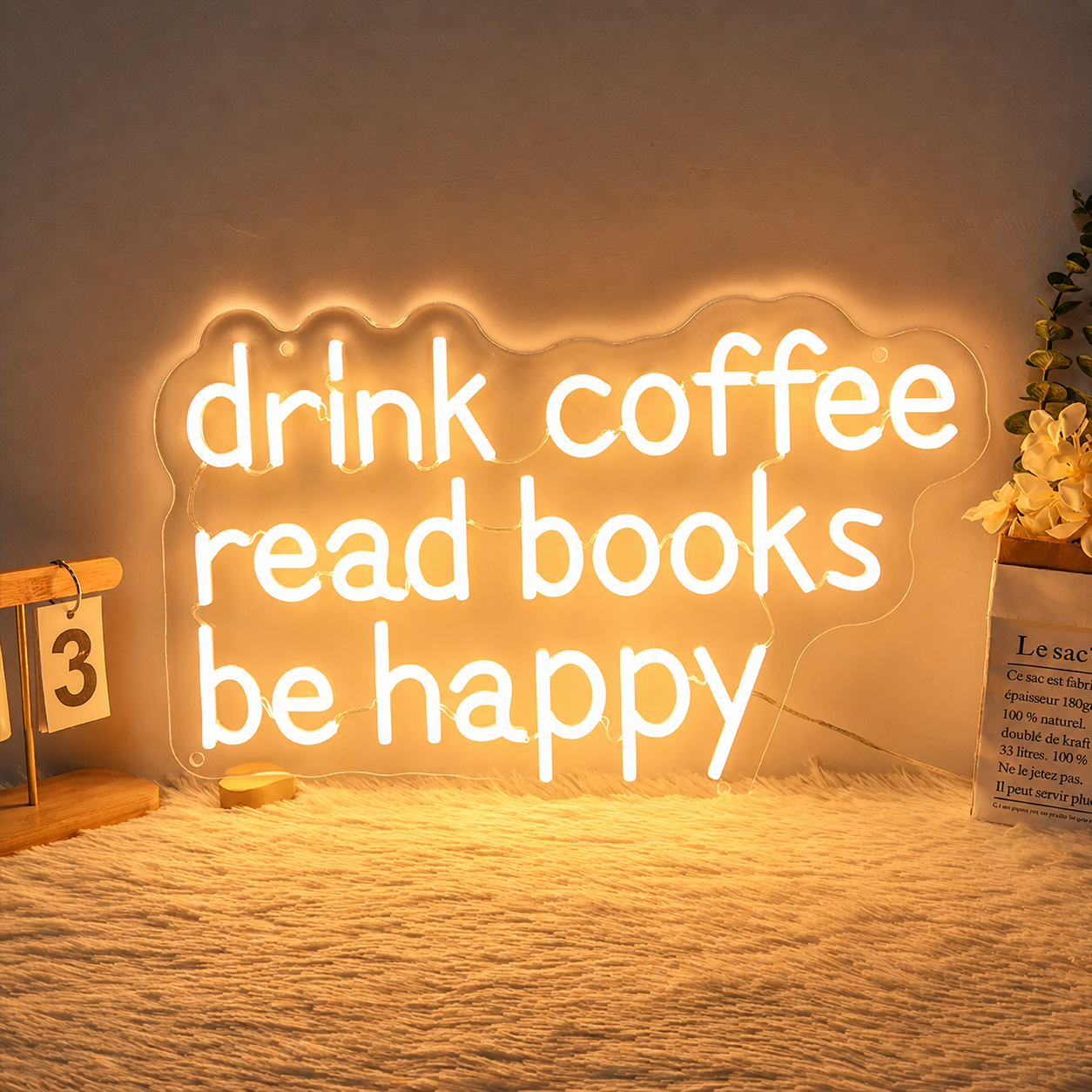 Drink Coffee Read Books Be Happy LED Neon Sign Warm White Wall Light for Bedroom Reading Room Cafe Decor