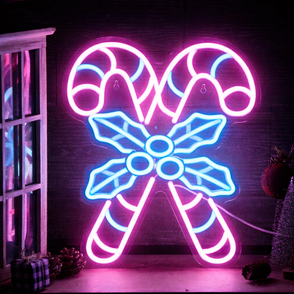 LED Candy Cane & Holly Neon Sign for Christmas Holiday Decoration