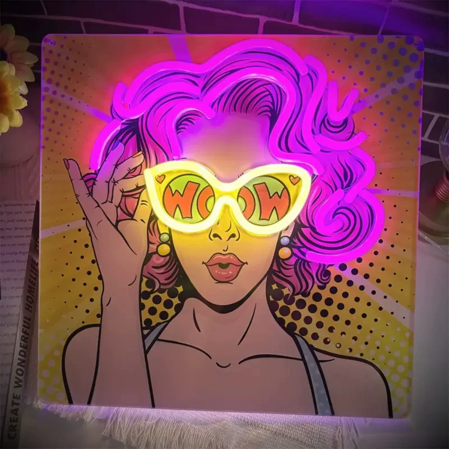 Pop Art Girl WOW LED Neon Sign with Sunglasses Retro Comic Neon Light Wall Decor