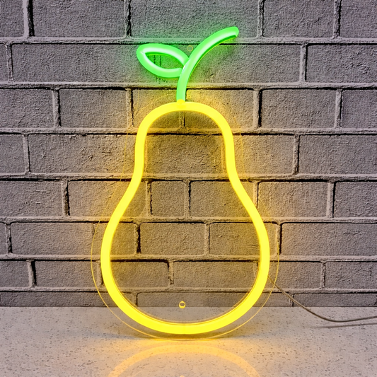 Pear LED Neon Sign Yellow Fruit Neon Light with Green Leaf for Kitchen Bar Wall Decor