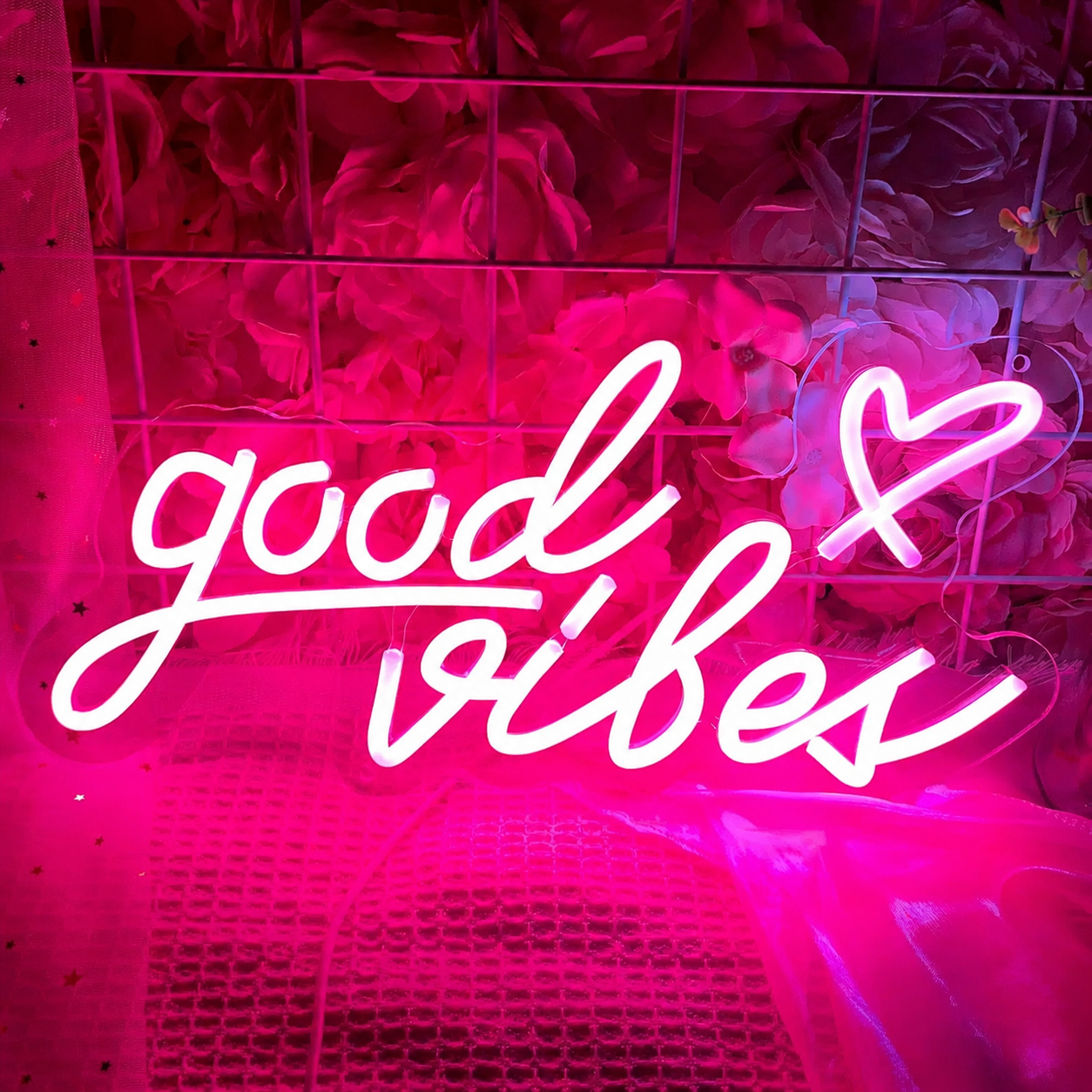 Good Vibes LED Neon Sign Pink White Heart Neon Light Wall Decor for Bedroom Party