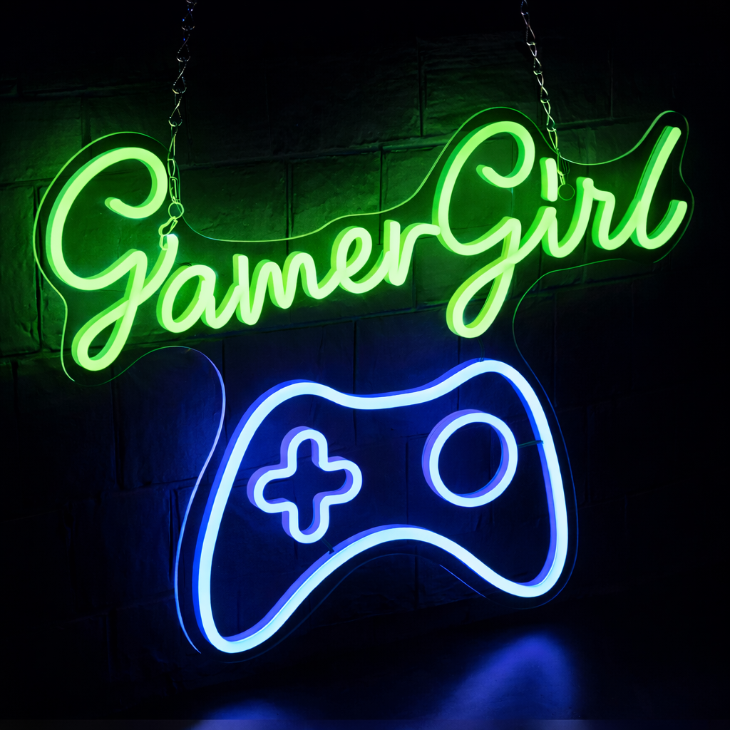 Gamer Girl LED Neon Sign with Controller for Bedroom, Gaming Room & Streaming Setup