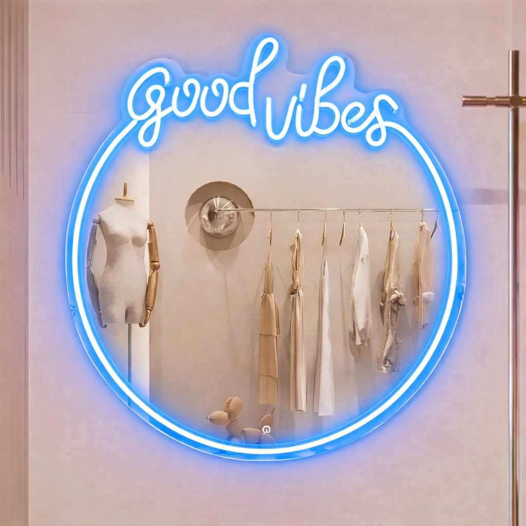 Good Vibes LED Neon Mirror Sign for Bedroom & Boutique Spaces