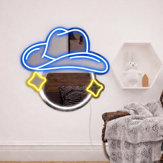 Cowgirl Hat LED Neon Mirror Sign for Bedroom, Western Room Decor & Aesthetic Spaces
