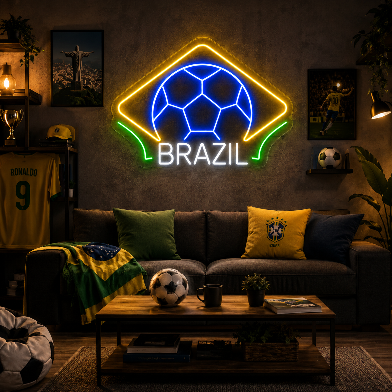 Brazil Diamond Soccer LED Neon Sign Brazilian Football Neon Light Wall Decor for Sports Bar Game Room