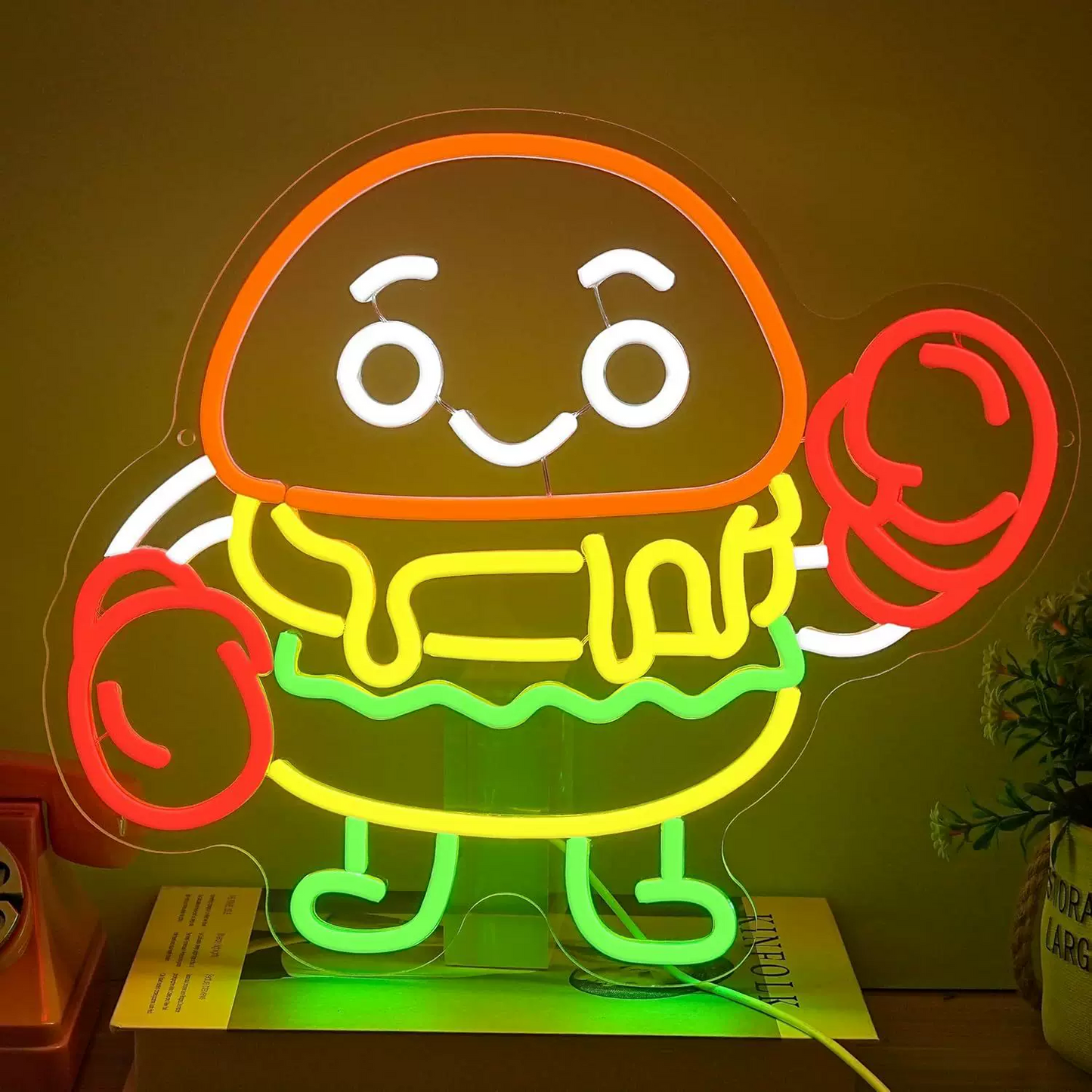 Cute Boxing Burger LED Neon Sign Cartoon Hamburger Neon Light Wall Decor for Bedroom Game Room Restaurant