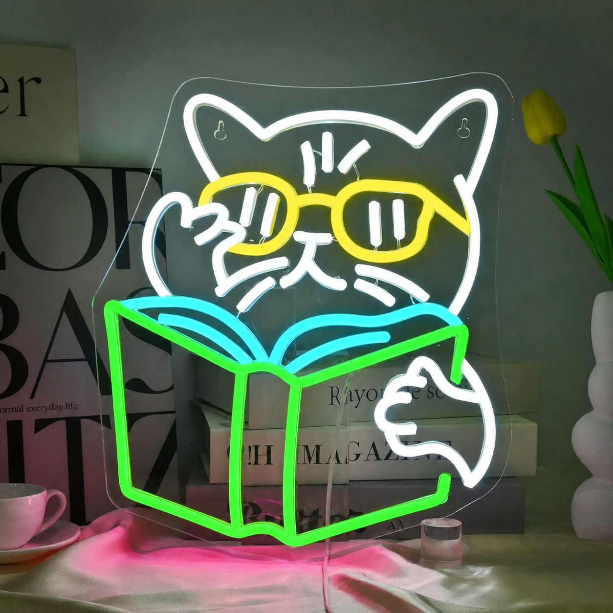 Cat Reading Book LED Neon Sign with Glasses Cute Cartoon Neon Light Wall Decor for Bedroom Study Room Library