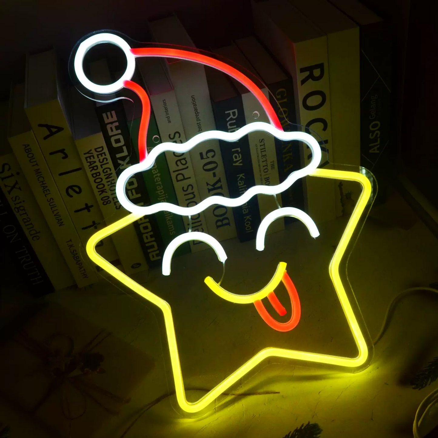 LED Christmas Star Neon Sign with Santa Hat