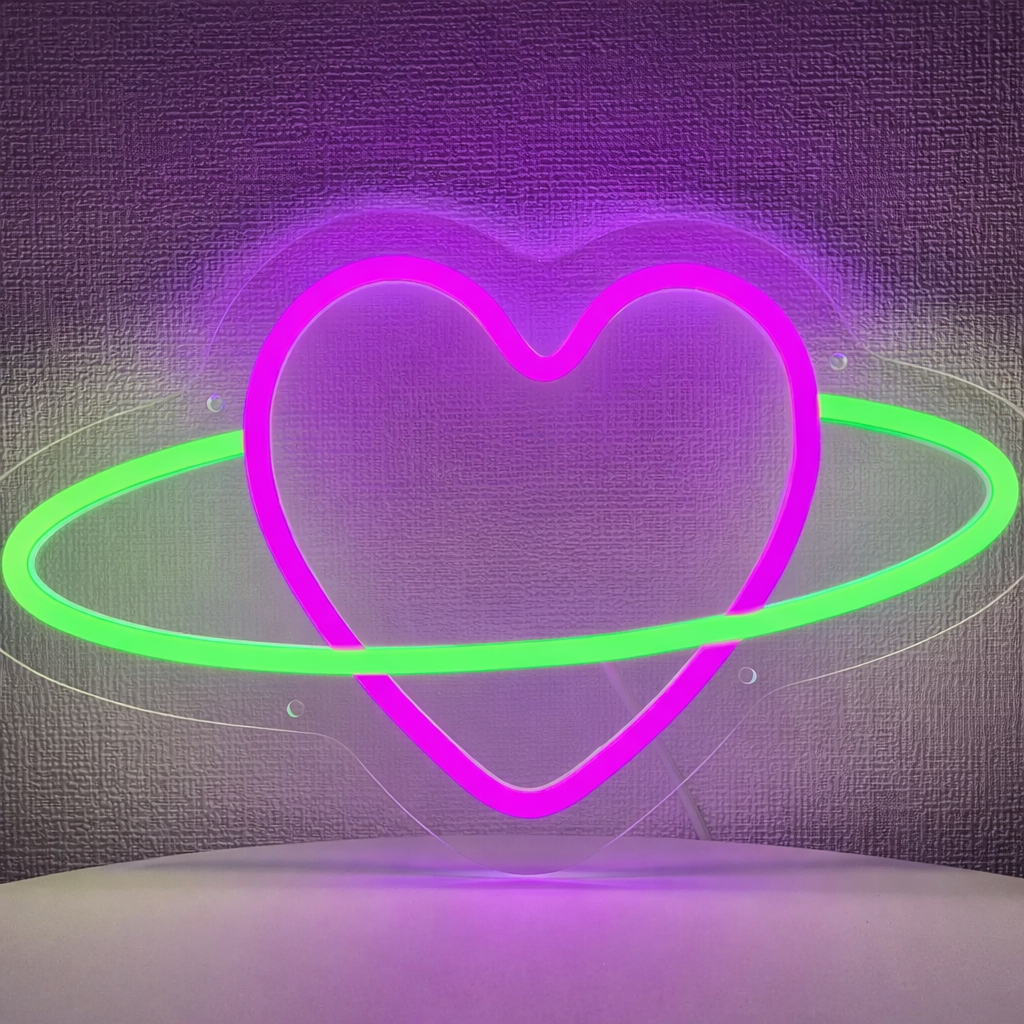 Pink Heart Saturn LED Neon Sign Aesthetic Planet Love Light for Bedroom Decor