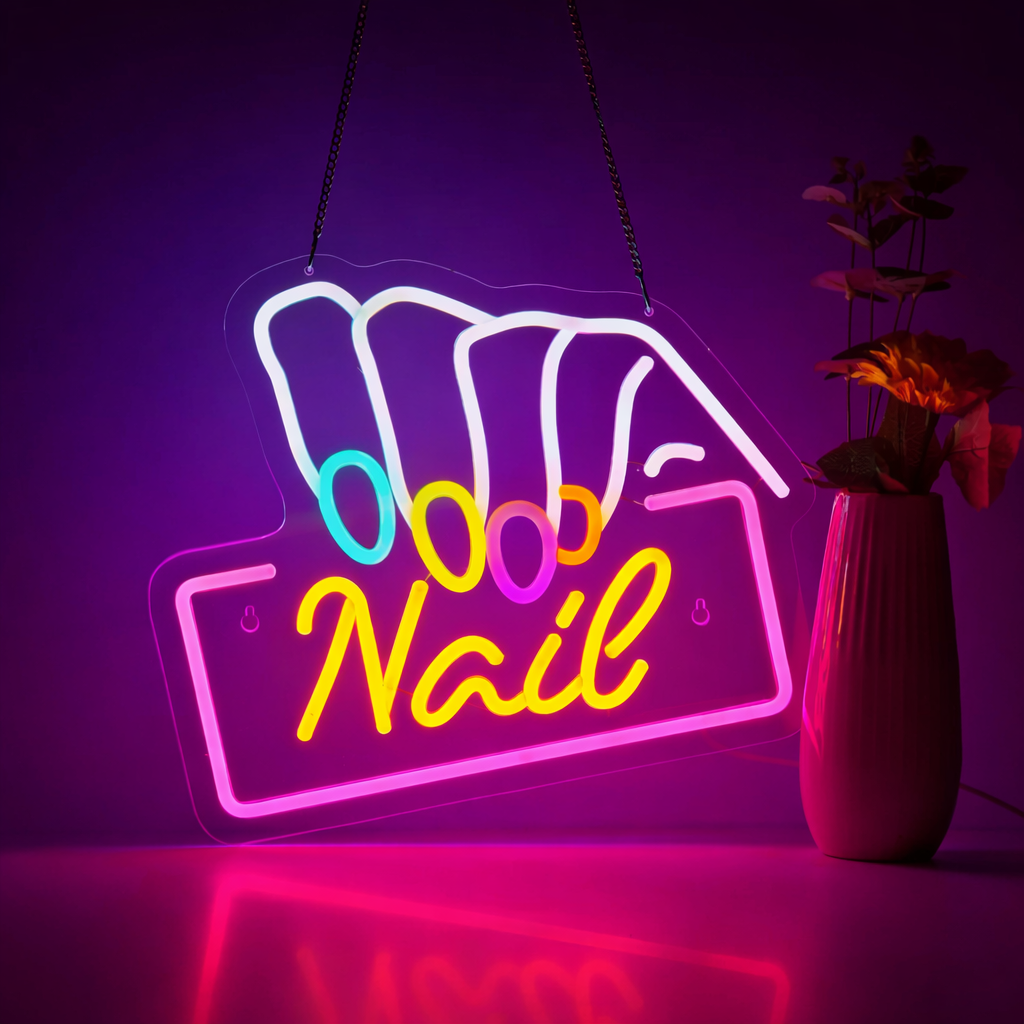 Nail Salon LED Neon Sign with Hand Icon Hanging Light for Beauty Studio Decor