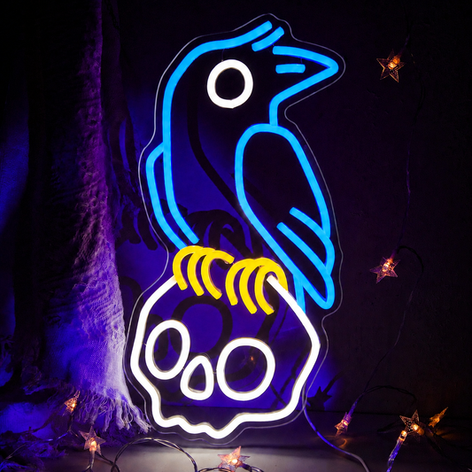 Crow on Skull LED Neon Sign Gothic Raven Neon Light Wall Decor for Halloween Bedroom Bar