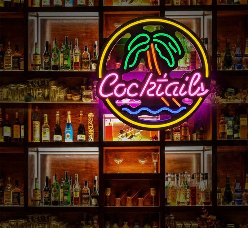 Cocktails LED Neon Sign Pink Yellow Tropical Bar Neon Light Wall Decor for Bar Restaurant