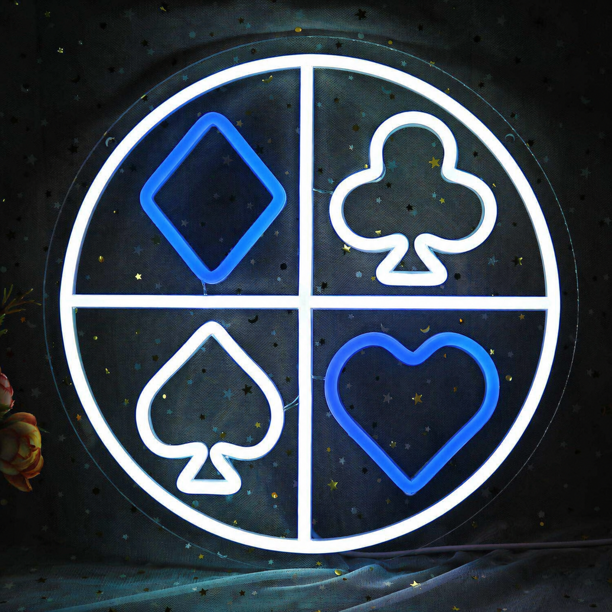 Poker Suits LED Neon Sign Round Playing Cards Wall Light for Game Room Bar Decor